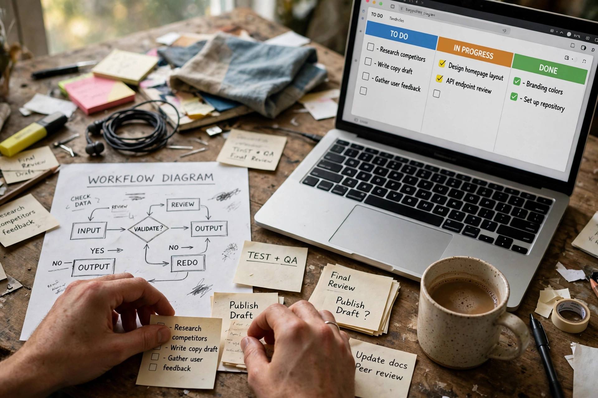 Hands arranging handwritten notes and a sketched workspace layout beside a laptop